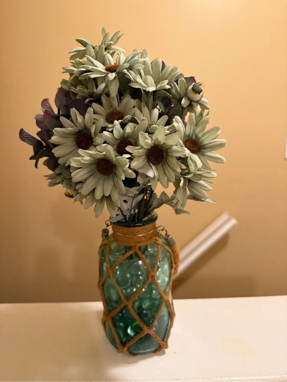 Home Accents Faux Daisy Bouquet in Sage Green with Decorative Teal Glass Vase